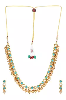 Kundan Turquoise Gold Plated Semi Precious Stone Elegant Designer Necklace Set For Women And Girl