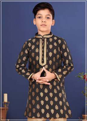 Boy's Black Color Jacquard Silk Kurta Churidar Set 1