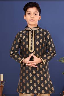 Boy's Black Color Jacquard Silk Kurta Churidar Set
