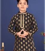 Boy's Black Color Jacquard Silk Kurta Churidar Set