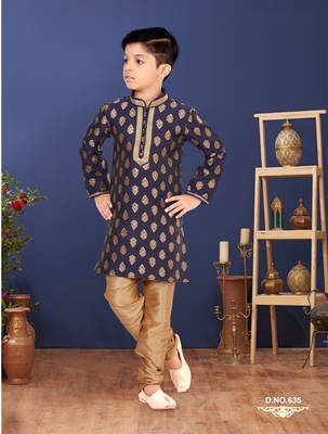 Boy's Navy Blue Color Jacquard Silk Kurta Churidar Set 1