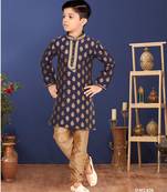 Boy's Navy Blue Color Jacquard Silk Kurta Churidar Set