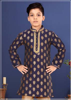 Boy's Navy Blue Color Jacquard Silk Kurta Churidar Set 7