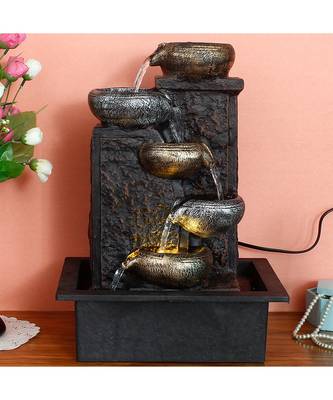 eCraftIndia Black Polystone 5 Interconnected Water Fountain With Light Showpiece 1
