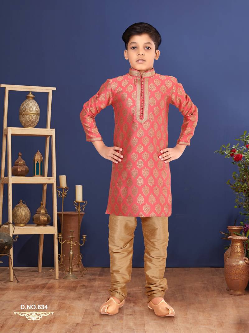 Boy's Peach Color Jacquard Silk Kurta Churidar Set
