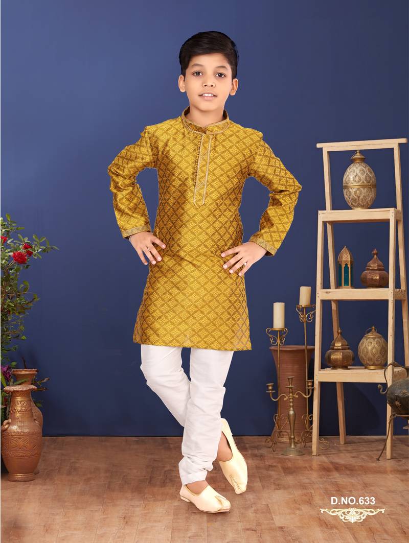 Boy's Yellow Color Blackberry Kurta Churidar Set
