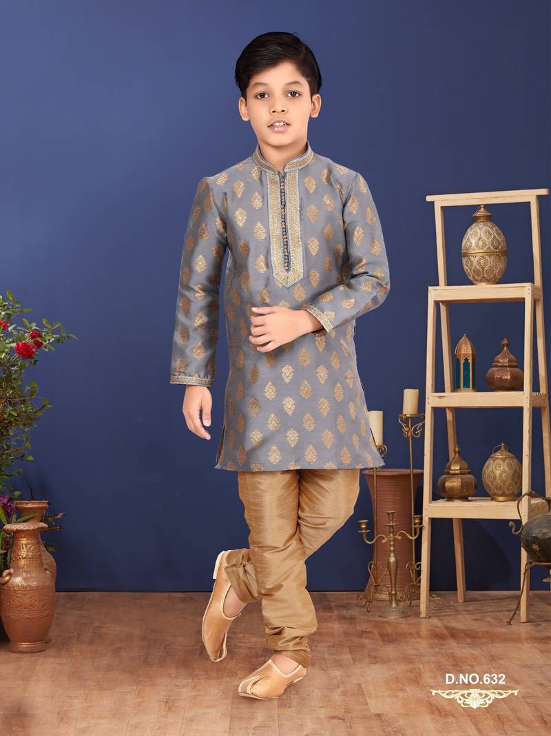 Boy's Steel Color Jacquard Silk Kurta Churidar Set