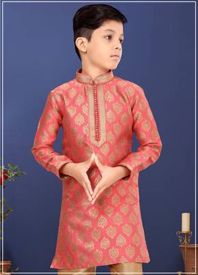 Boy's Peach Color Jacquard Silk Kurta Churidar Set 1