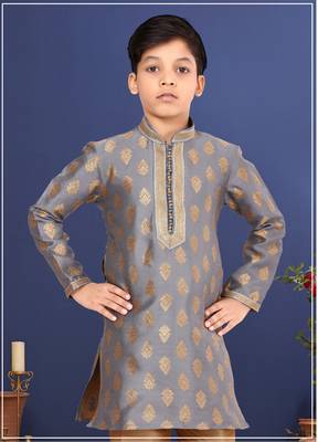 Boy's Steel Color Jacquard Silk Kurta Churidar Set 1