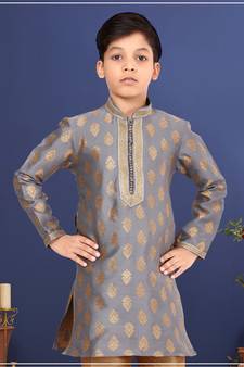 Boy's Steel Color Jacquard Silk Kurta Churidar Set
