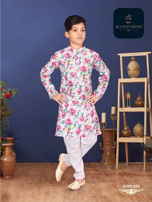 Boy's Off White Cotton Printed Kurta Churidar 7