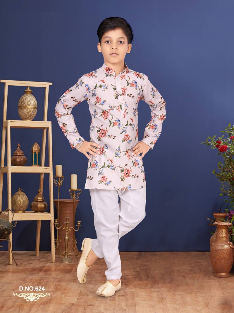 Boy's Off White Cotton Printed Kurta Churidar