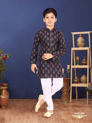 Boy's Black Cotton Printed Kurta Churidar 1
