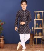Boy's Black Cotton Printed Kurta Churidar