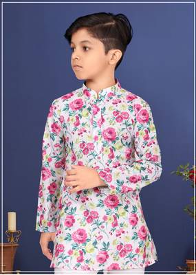 Boy's Off White Cotton Printed Kurta Churidar 1