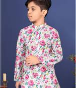 Boy's Off White Cotton Printed Kurta Churidar