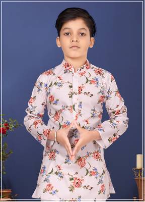 Boy's Off White Cotton Printed Kurta Churidar 1