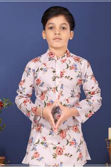 Boy's Off White Cotton Printed Kurta Churidar