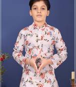 Boy's Off White Cotton Printed Kurta Churidar
