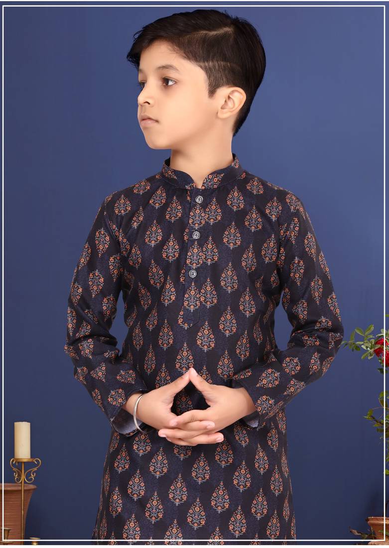 Boy's Black Cotton Printed Kurta Churidar