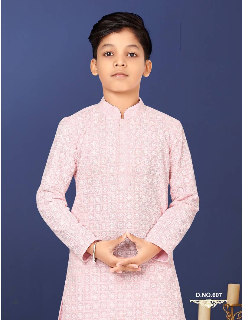 Boy's Pink Embroidered Georgette Kurta Churidar