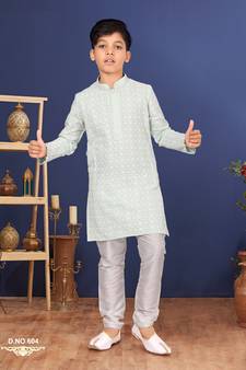 Boy's Aqua Green Embroidered Georgette Kurta Churidar