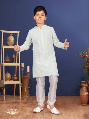 Boy's Aqua Green Embroidered Georgette Kurta Churidar 1