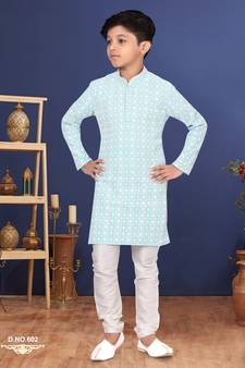 Boy's Sky Blue Embroidered Georgette Kurta Churidar