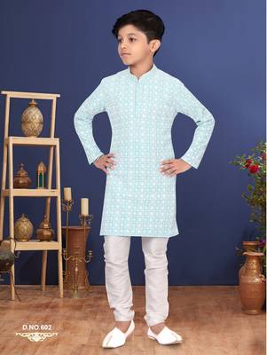 Boy's Sky Blue Embroidered Georgette Kurta Churidar 1