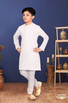 Boy's White Embroidered Georgette Kurta Churidar