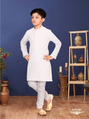 Boy's White Embroidered Georgette Kurta Churidar 1