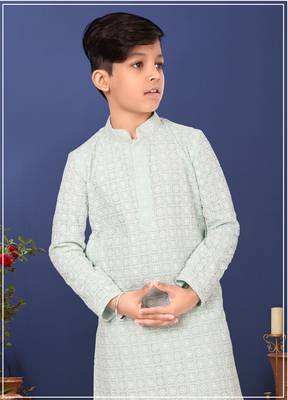 Boy's Aqua Green Embroidered Georgette Kurta Churidar 7