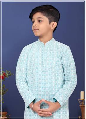Boy's Sky Blue Embroidered Georgette Kurta Churidar 7