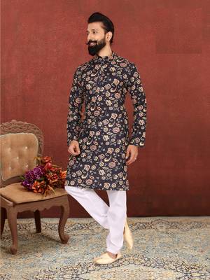 Men Black Cotton Digital Printed Kurta Churidar Set 7