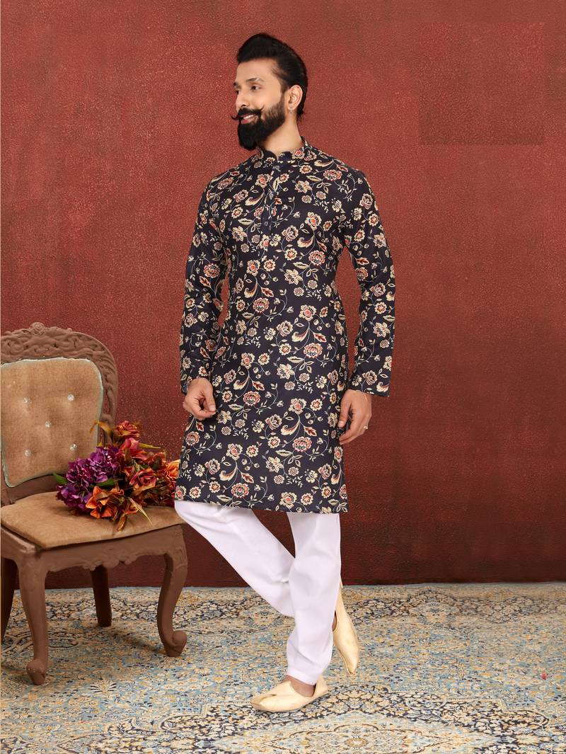 Men Black Cotton Digital Printed Kurta Churidar Set