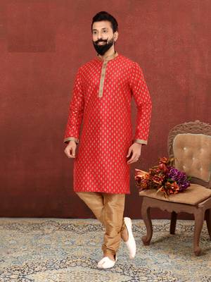 Men Red Dupion Silk Khari Printed Kurta Churidar Set 7