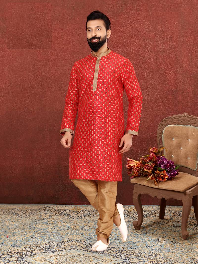 Men Red Dupion Silk Khari Printed Kurta Churidar Set