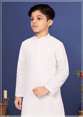 Boy's White Embroidered Georgette Kurta Churidar 7