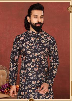 Men Black Cotton Digital Printed Kurta Churidar Set 1