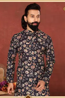 Men Black Cotton Digital Printed Kurta Churidar Set