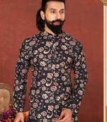 Men Black Cotton Digital Printed Kurta Churidar Set