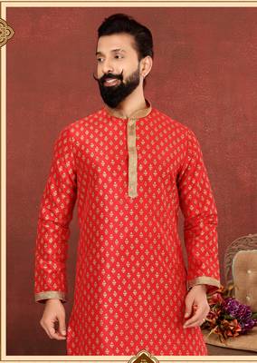 Men Red Dupion Silk Khari Printed Kurta Churidar Set 1