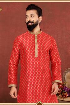 Men Red Dupion Silk Khari Printed Kurta Churidar Set