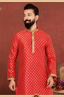 Men Red Dupion Silk Khari Printed Kurta Churidar Set