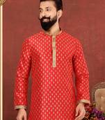 Men Red Dupion Silk Khari Printed Kurta Churidar Set