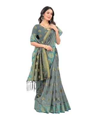 Grey woven organza saree with blouse 3