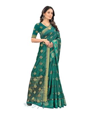 Green woven organza saree with blouse 4