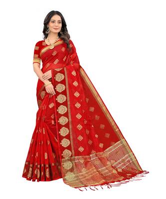 Red woven organza saree with blouse 1