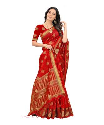 Red woven organza saree with blouse 4