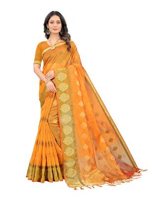 Yellow woven organza saree with blouse 1